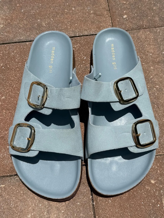 Madden Girl Shoes - Madden Girl Powder Blue Double Buckle Slide Sandals